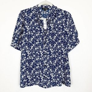 J. Crew Short Puff Sleeve Button Up Top Blue & White Floral NWT Size Medium